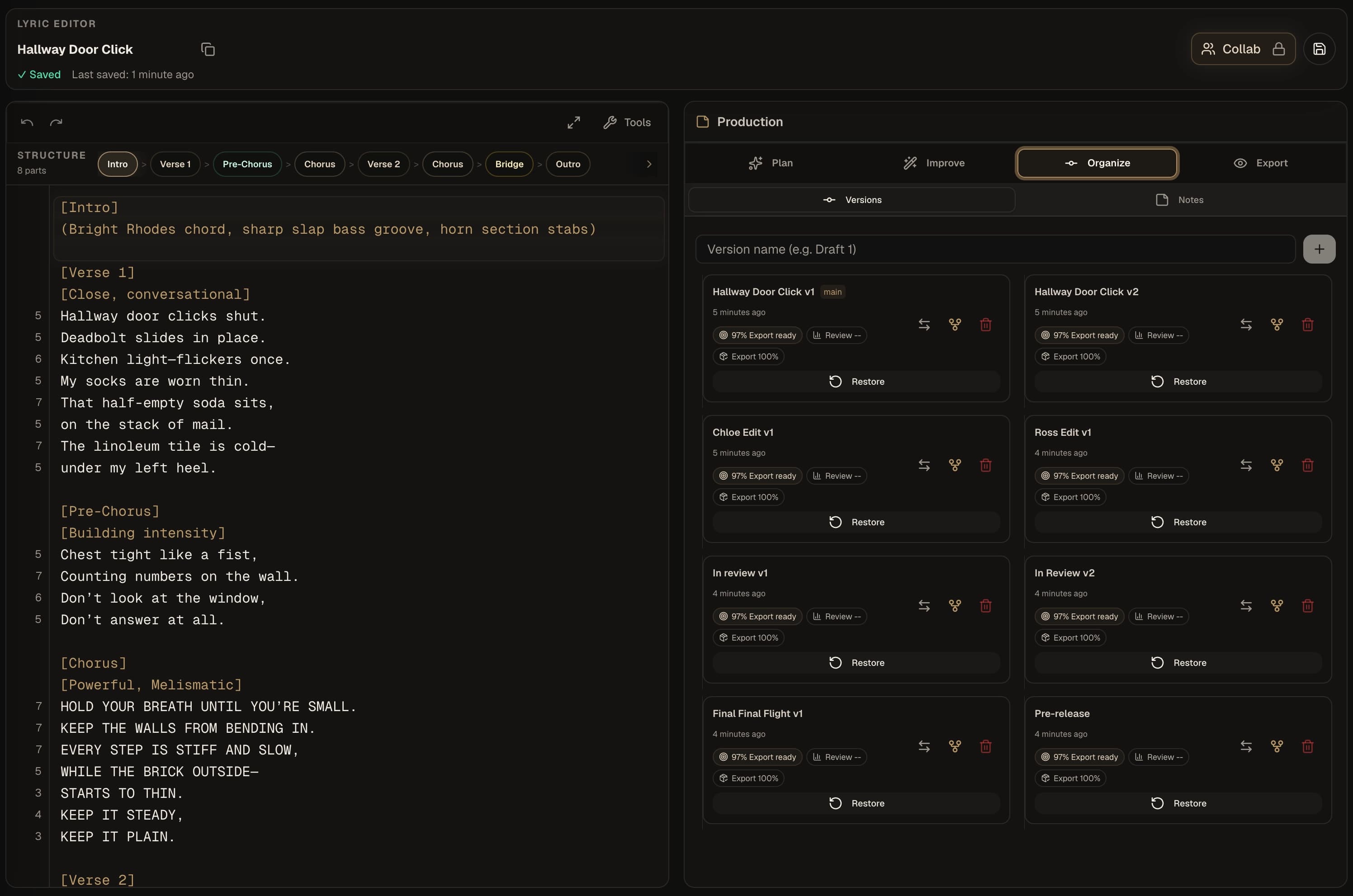 Kordra Music lyric editor with named production versions