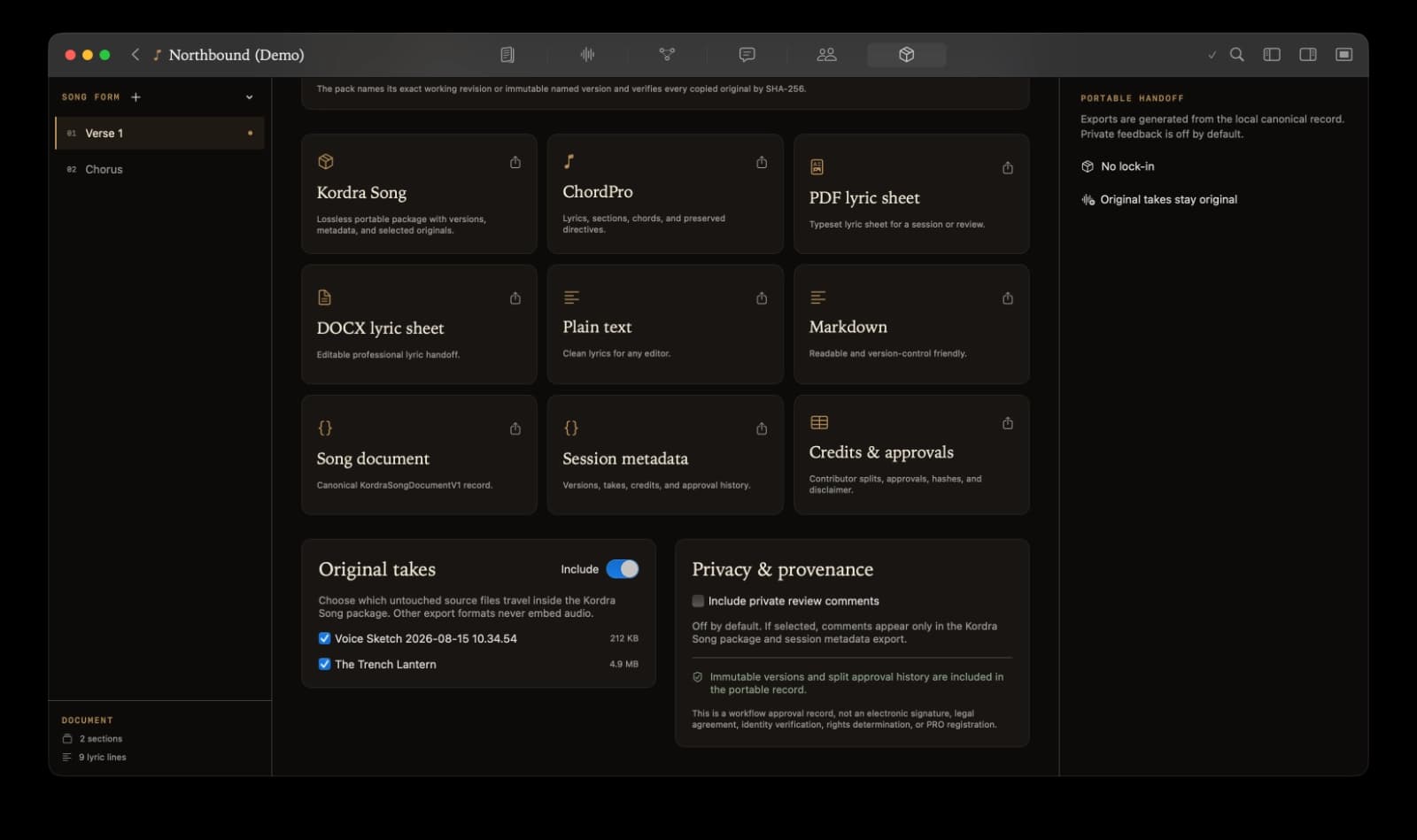 Kordra Studio handoff workspace with export formats, original takes and provenance controls