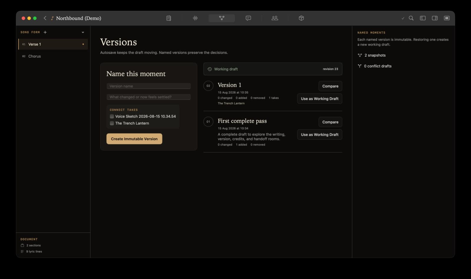 Kordra Studio versions workspace with named snapshots and working-draft controls