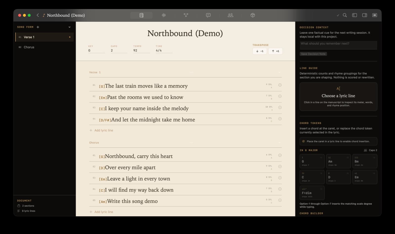 Kordra Studio native writing workspace with chorded lyrics and decision context