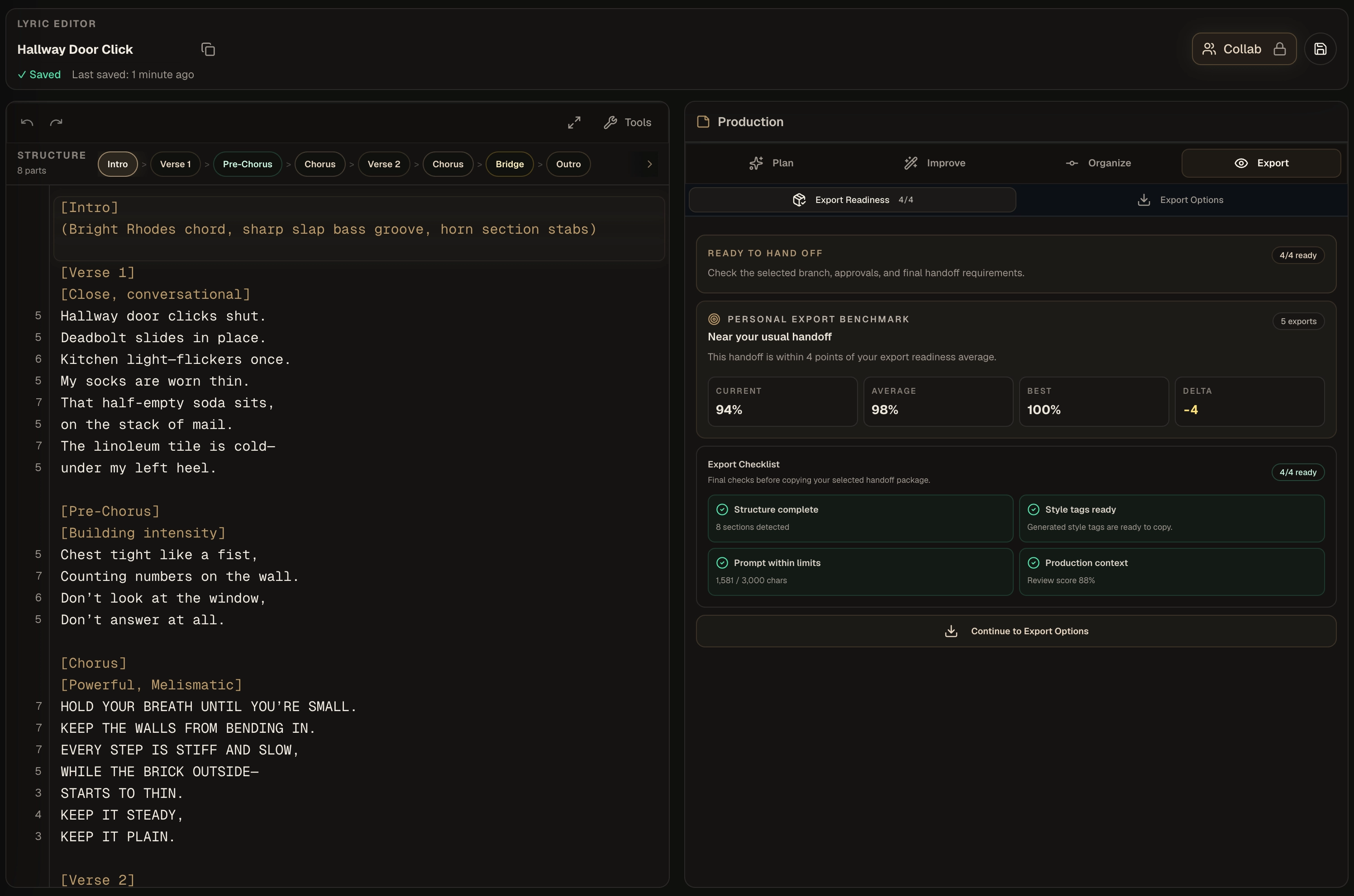 Kordra Music lyric editor with export readiness checks, handoff context and production cues