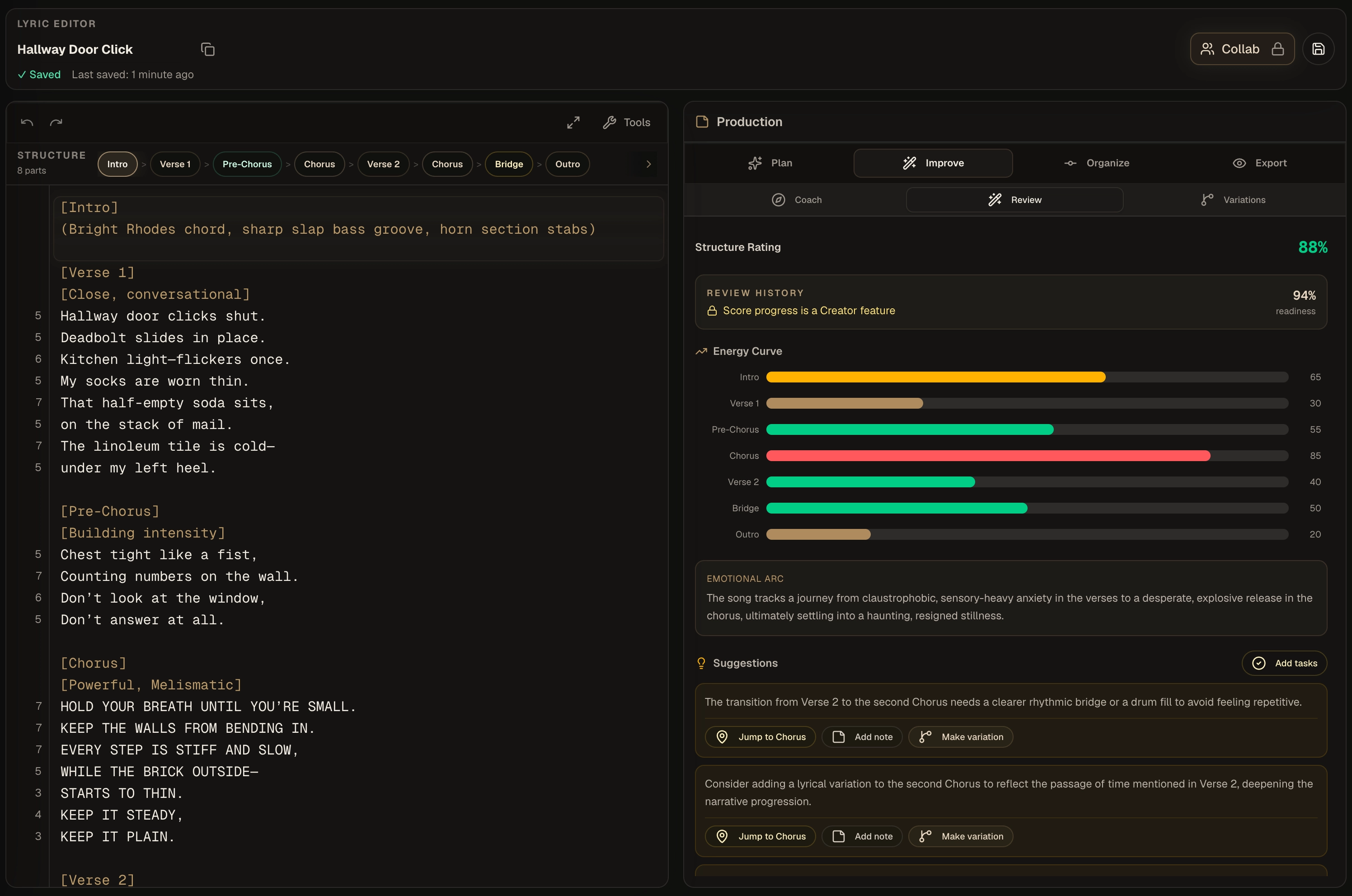 Kordra Music lyric editor with production review, structure rating, energy curve and suggestions
