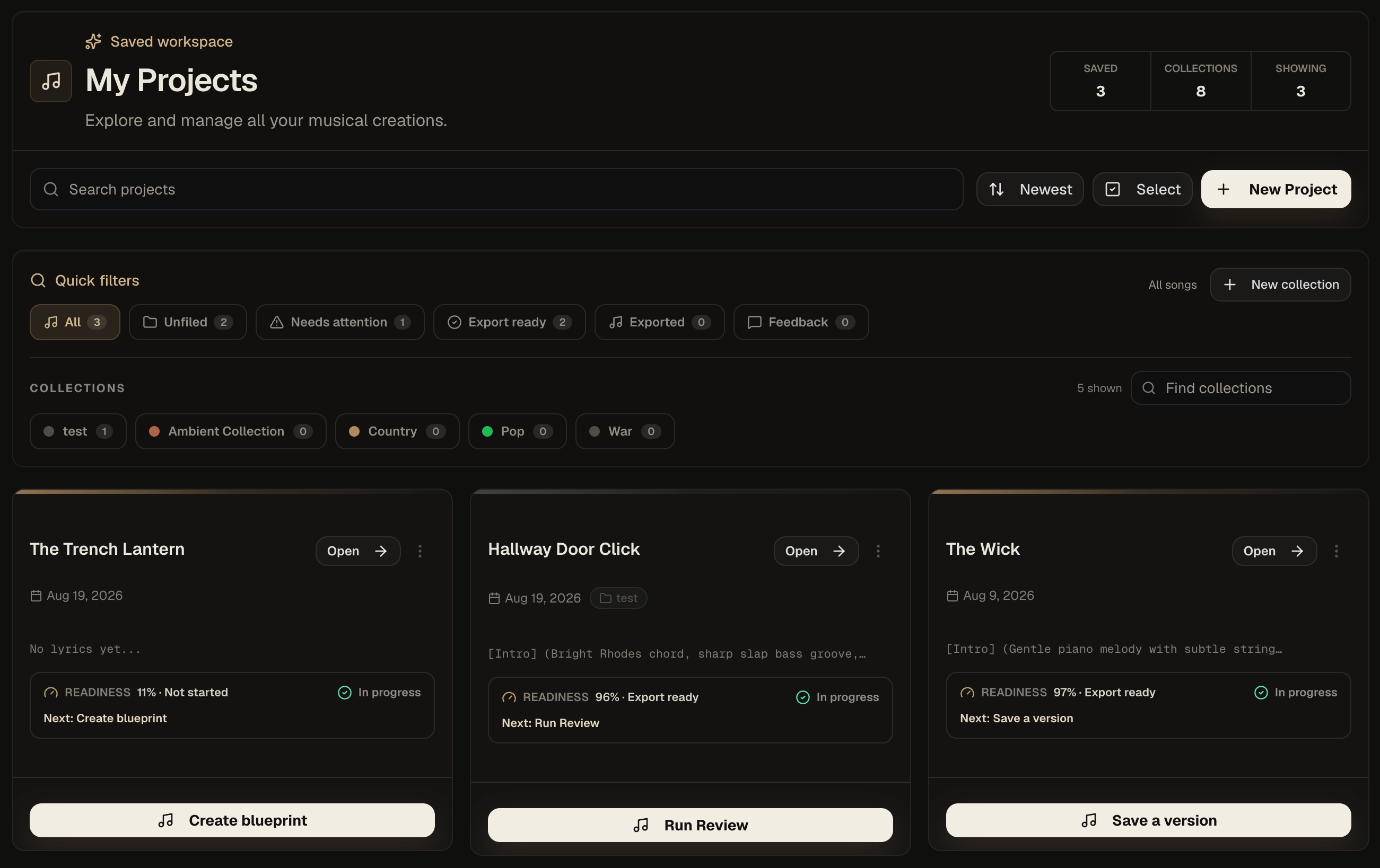 Kordra Music My Projects workspace with saved songs, collections and project readiness states