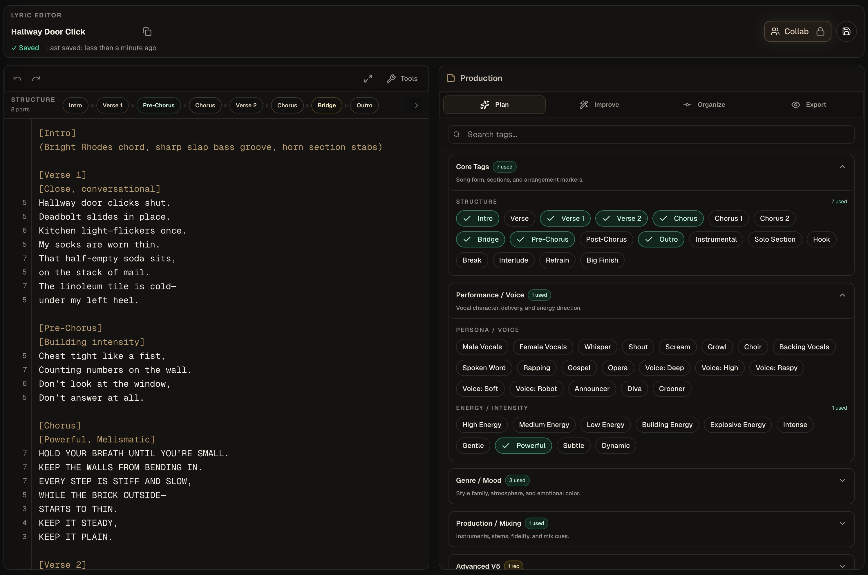 Kordra Music lyric editor with song structure, production planning and tag context