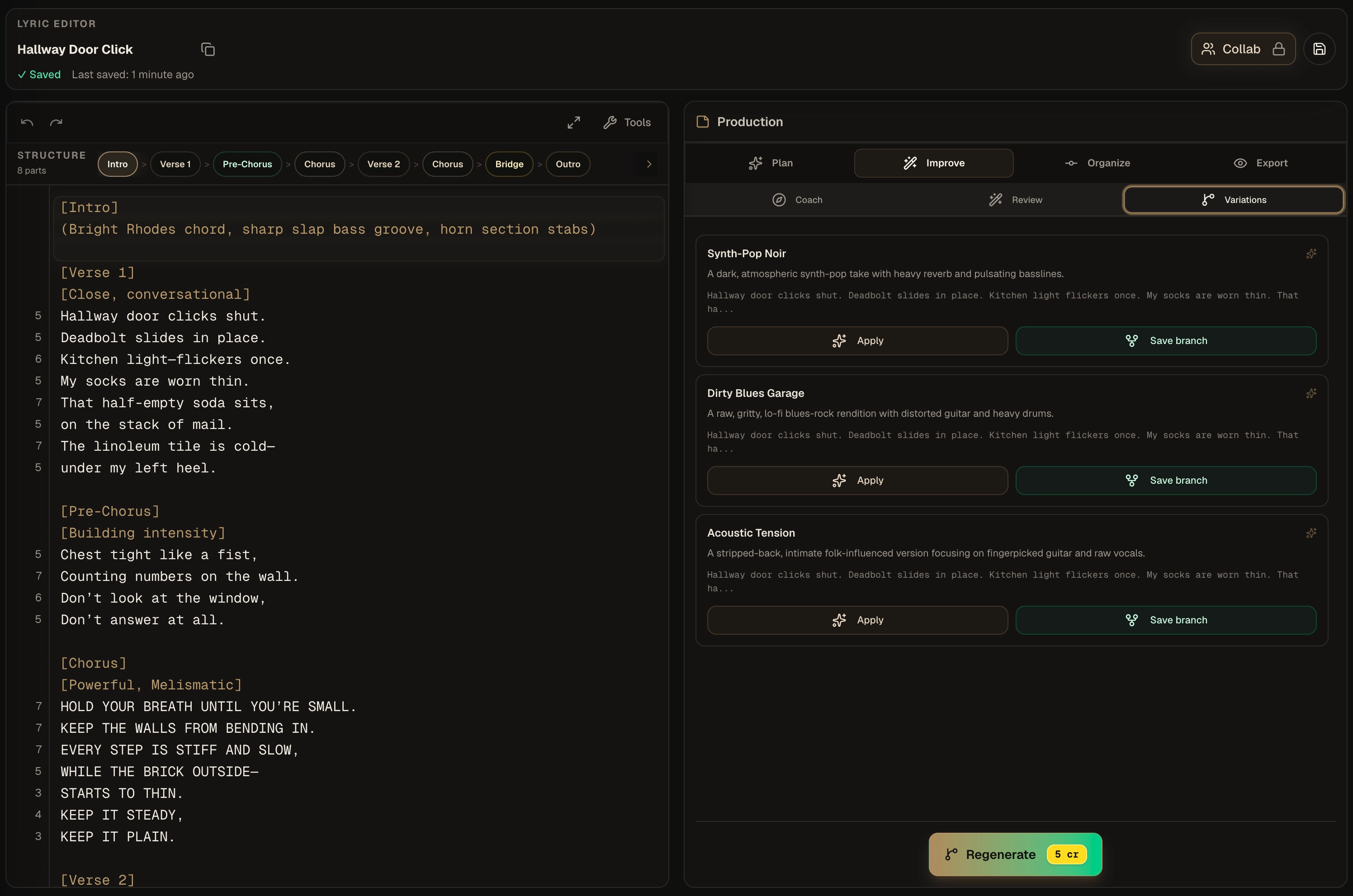 Kordra Music lyric editor with production variations, alternate takes and branch actions