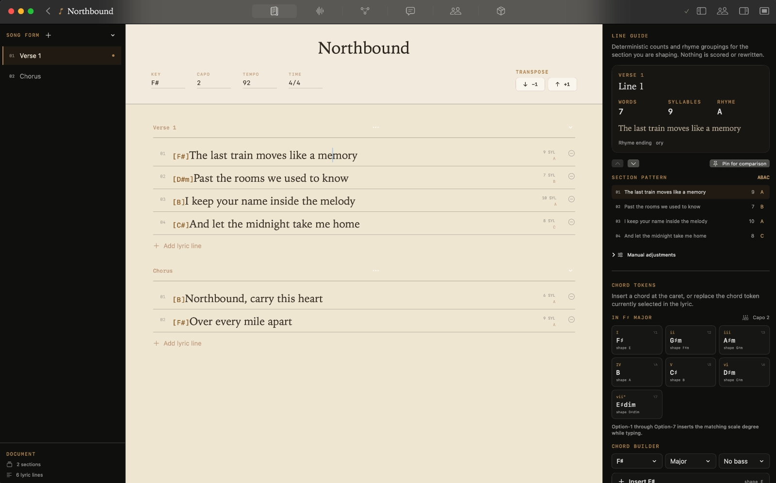 Lyrics and chords organised into song sections in Kordra Studio