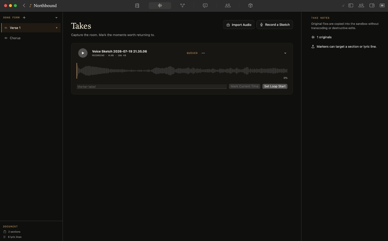 A recording with waveform, playback and marker controls in Kordra Studio Takes
