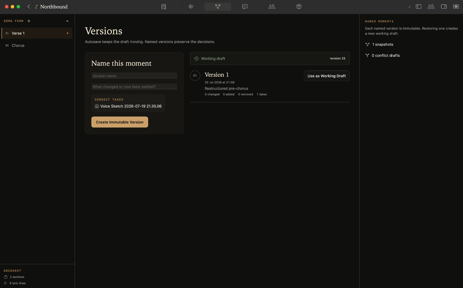 Named song drafts and compare controls in Kordra Studio Versions